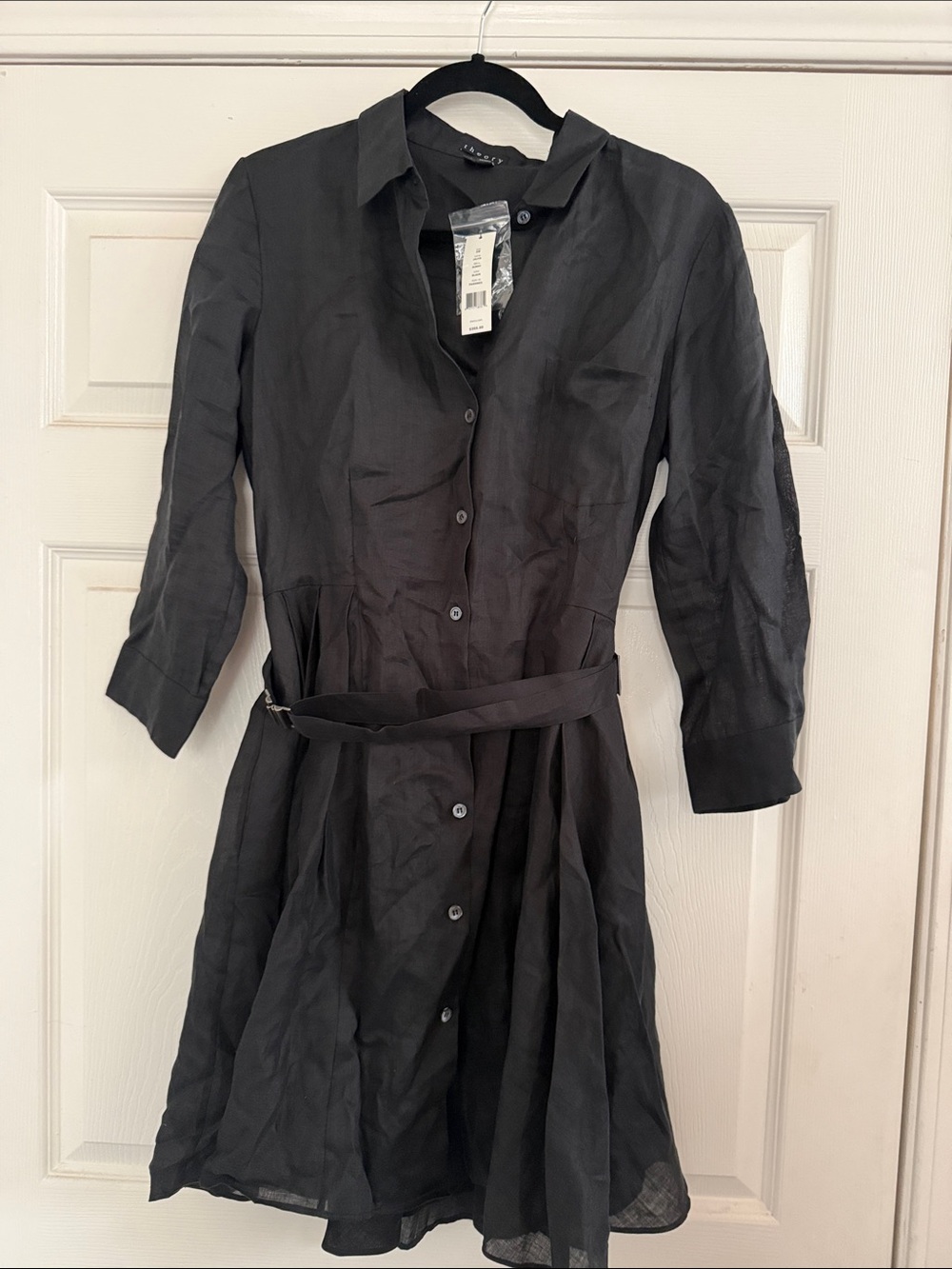 Theory Black Button-Front Midi Shirt Dress with Belt